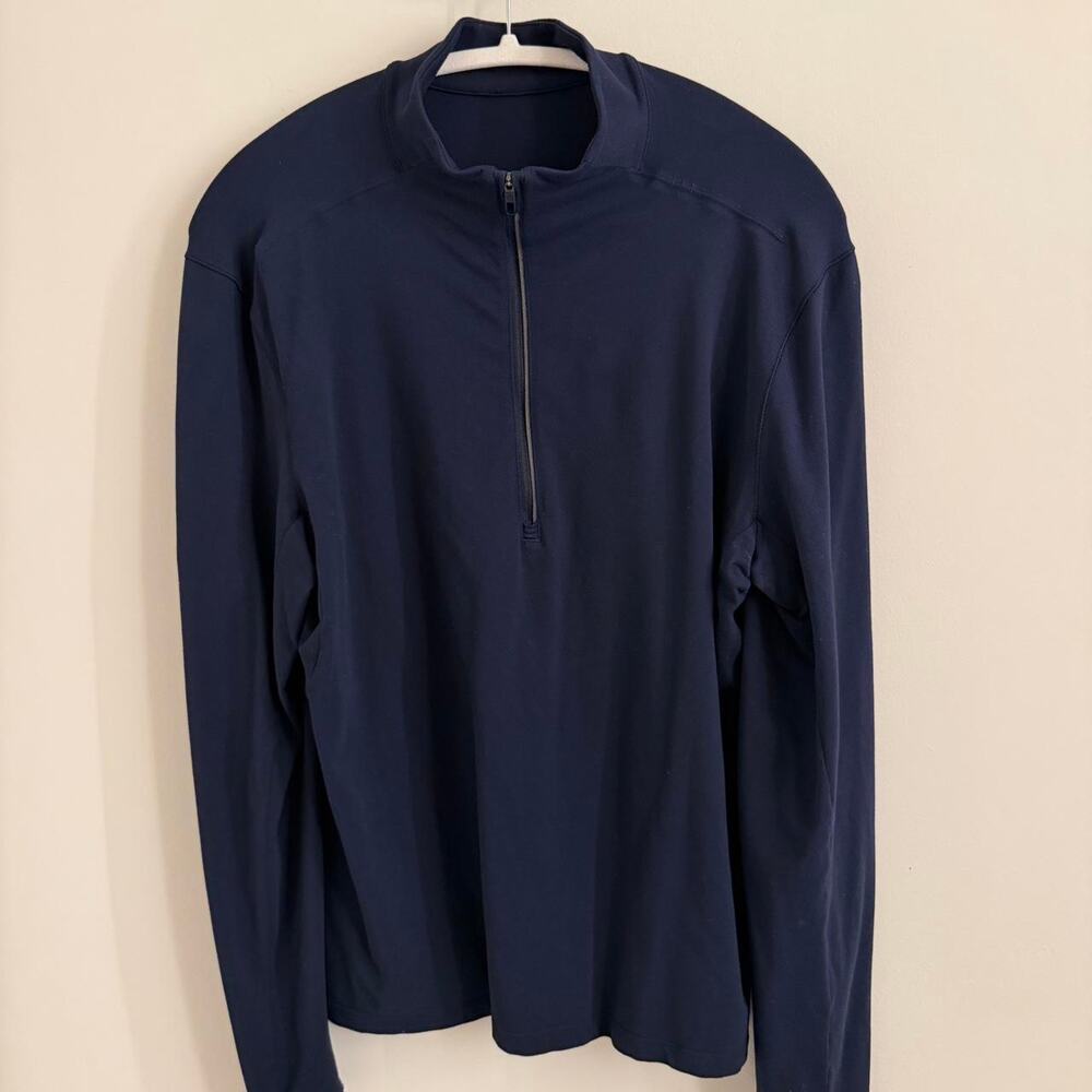 men’s navy blue LULULEMON “Surge Warm” long-sleeve quarter-zip cold run top [M]